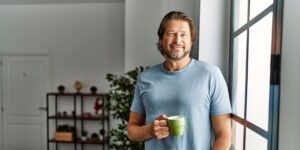 Middle age caucasian man smiling confident drinking coffee at home