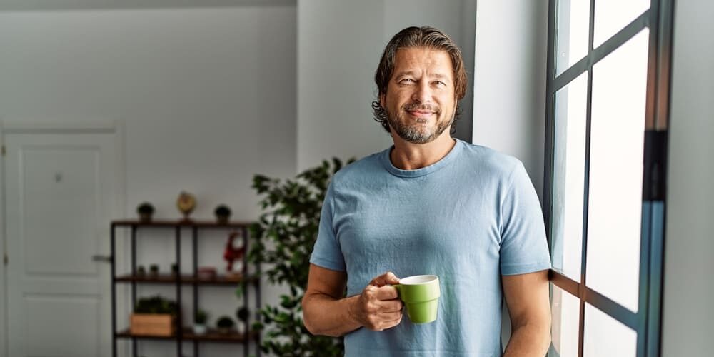 Middle age caucasian man smiling confident drinking coffee at home