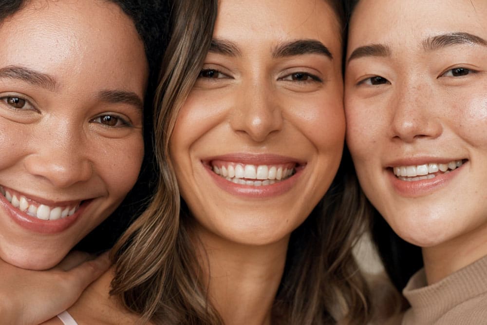 Skincare group, face or women smile for anti aging cosmetics, beauty glow and spa wellness support