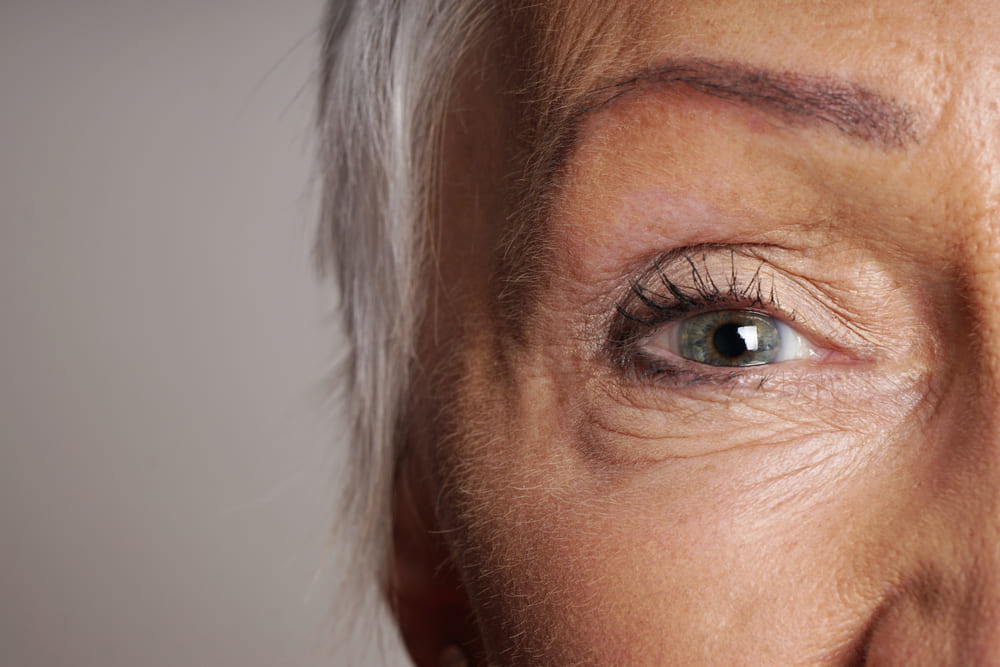 close-up detail of mature woman with green eyes